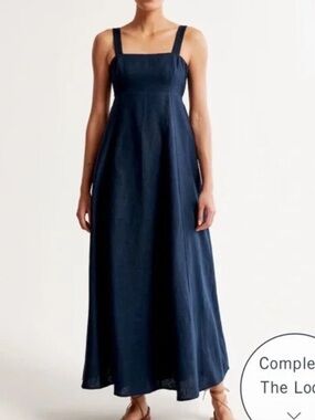 Abercrombie & Fitch The Linen Shop Navy Blue Square Neck Maxi Dress Tie Back Med